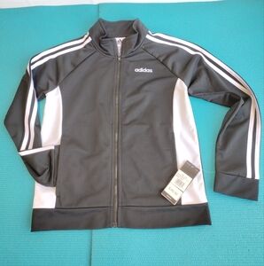 Adidas Girls Black White Stripes Track Jacket Full Zip - Size L (14)